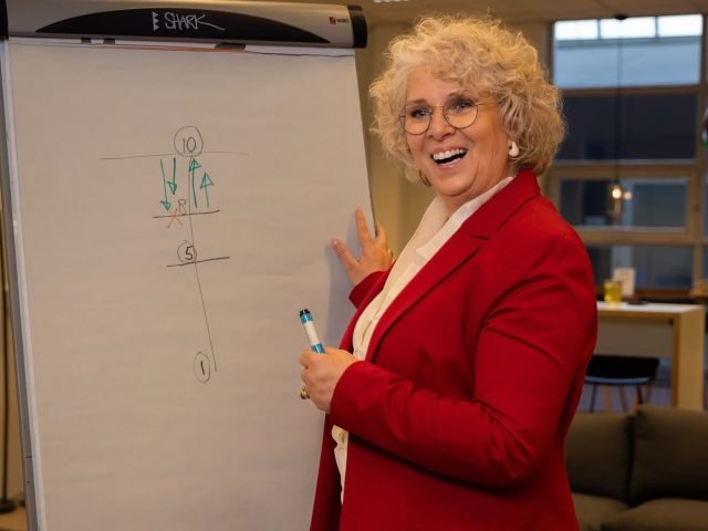 Will Hut-Doornik geeft lachend een workshop bij een flip-over